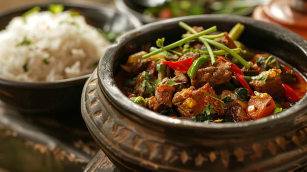 A close-up of a spicy and fragrant Indian curry, simmered to perfection in a traditional clay pot and served alongside fluffy basmati rice, showcasing the bold flavors and authentic of Indian cuisine