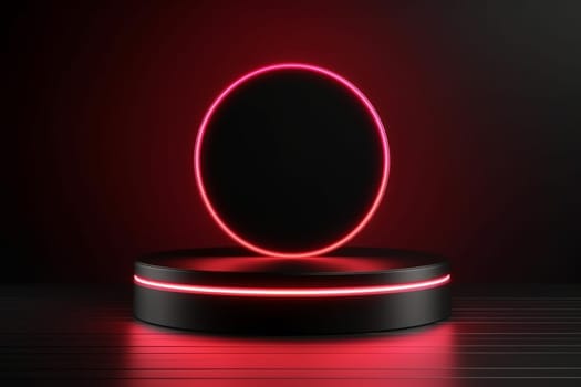 Realistic black 3d cylinder podium mockup with red glowing light semi circles layers design for products display stage showcase modern luxury background illustration. Generated AI.