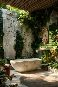 In the center of the bathroom, there is a bathtub surrounded by terrestrial plants and grass. The beautiful landscape includes flowerpots and wooden accents