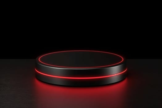 Realistic black 3d cylinder podium mockup with red glowing light semi circles layers design for products display stage showcase modern luxury background illustration. Generated AI.