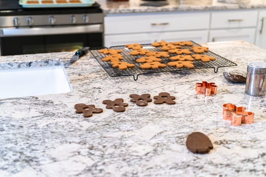 In a contemporary white kitchen, gingerbread cookie dough is skillful