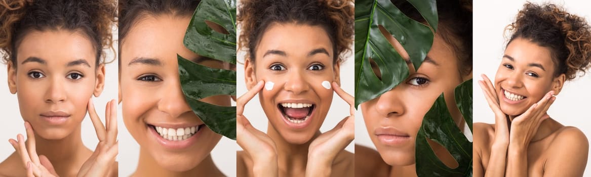 Collage of attractive young African American woman using skincare and makeup products, showcasing her beauty routine.