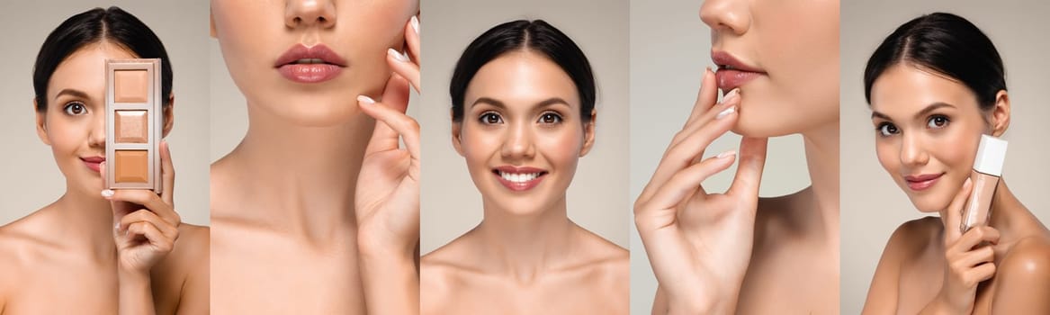 Collage of attractive young brunette woman using skincare and makeup products, showcasing her beauty routine.
