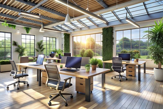 Spacious and contemporary office lounge with large windows and green plants, workspace organization concept. Ai generated image