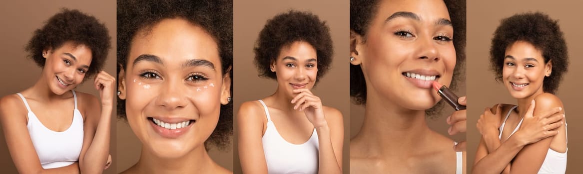 Collage of attractive young Black woman using skincare and makeup products, showcasing her beauty routine.