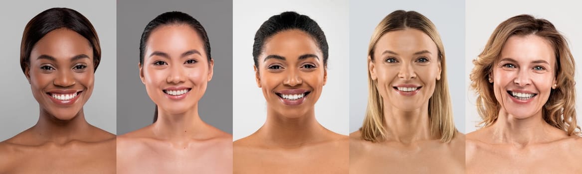 Collage of diverse women smiling in portrait mode, showcasing different skin tones and natural beauty, panorama