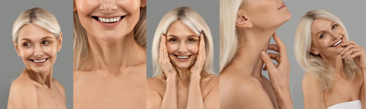 Collage of a beautiful senior woman in various poses against a grey background, showcasing natural beauty and skincare.