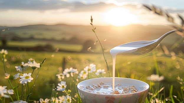 Pouring fresh milk into bowl of cereal in the English countryside field on a sunny morning for breakfast