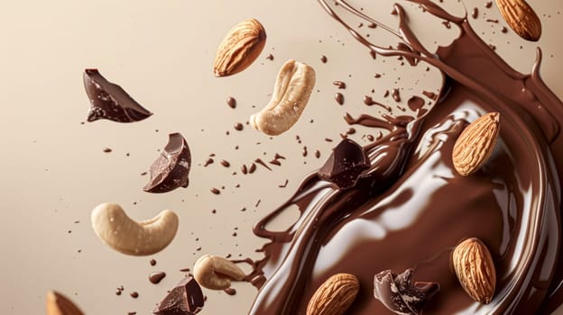 Nuts and chocolate splash, food dessert and confectionery industry