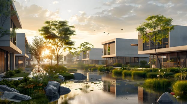 A cluster of houses line the waters edge, surrounded by lush trees and grass. The sky is dotted with fluffy clouds, creating a peaceful neighbourhood setting