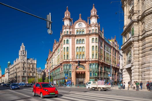 Budapest, Hungary - 5 April 2024: Parisi Udvar Hotel, The Unbound Collection by Hyatt art, nouveau architecture, inner city.