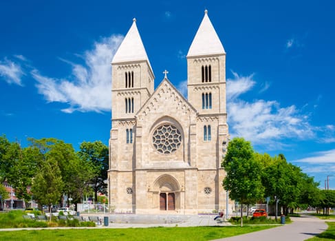 Budapest, Hungary - 1 May 2024: View of Parish Church of St. Margaret, near the Lehel ter metro station M3 line.