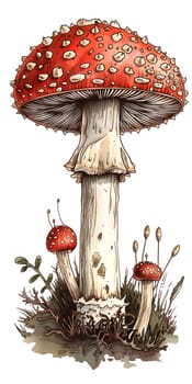 A red mushroom with white spots, a terrestrial plant organism, is flourishing on a tree stump in a natural landscape, showcasing the beauty of botany in nature