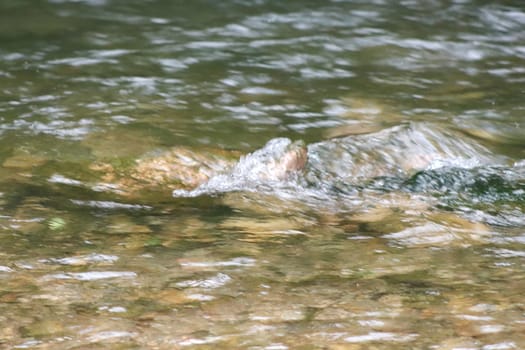 Waterfall stream close-up view from above clear flowing stream over ground gravel and stones. High quality photo