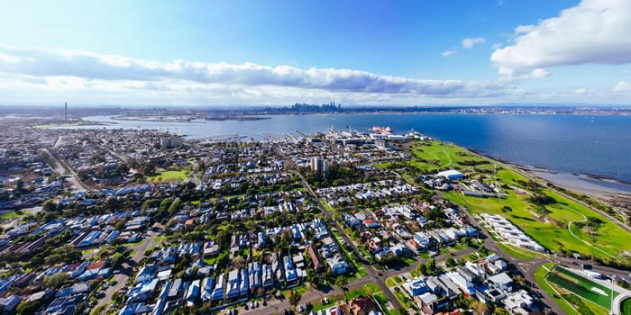 Aerial views across Williamstown on a clear winter's day in Melbourne, Victoria, Australia