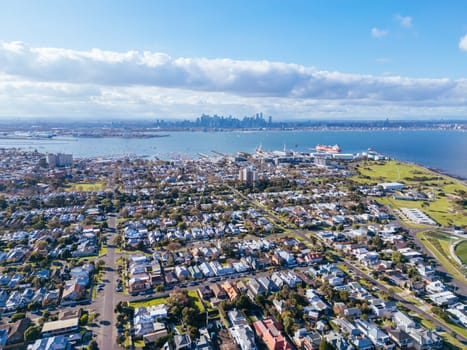 Aerial views across Williamstown on a clear winter's day in Melbourne, Victoria, Australia