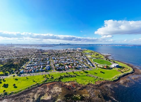 Aerial views across Williamstown on a clear winter's day in Melbourne, Victoria, Australia