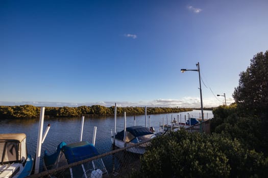 Kororoit Creek Historic Fishing Village at dusk in Jawbone Flora and Fauna Reserve in Williamstown, Melbourne, Victoria, Australia