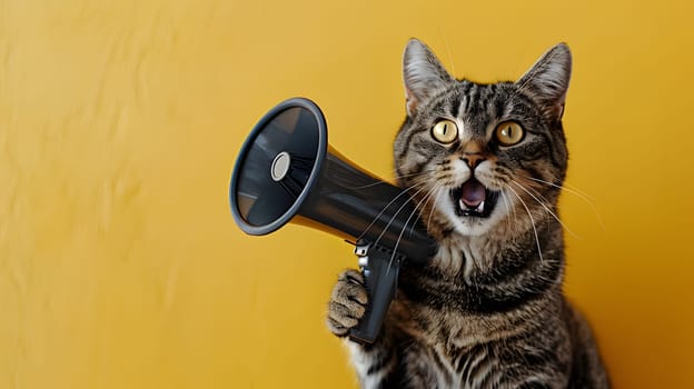 A domestic shorthaired cat from the Felidae family is holding a megaphone in front of a yellow wall, showcasing its small to mediumsized body, whiskers, fur, and tail