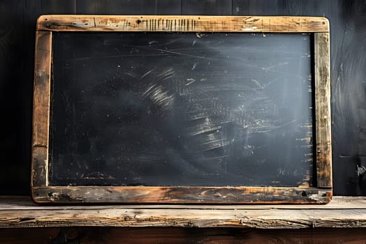 A rectangular wooden blackboard with a picture frame is displayed on a wooden shelf. The antique still life photography is enhanced by the darkness of the room