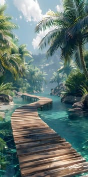 A picturesque wooden bridge leads to a tranquil body of water surrounded by lush palm trees, creating a serene natural landscape perfect for travel and relaxation