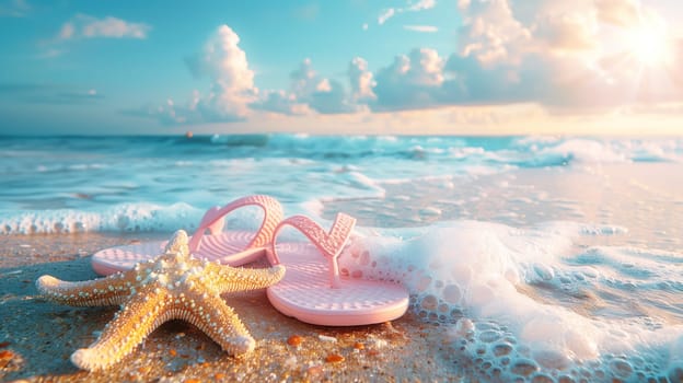 Beach holiday concept. Background with starfish, pink flip-flops on sandy tropical beach, space for text.