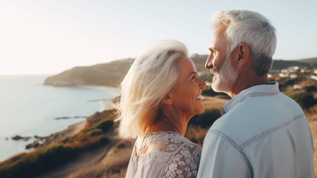 Summer portrait of happy smiling senior gray-haired couple standing together on sunny coast, woman and man enjoying landscape, beach vacation at sea