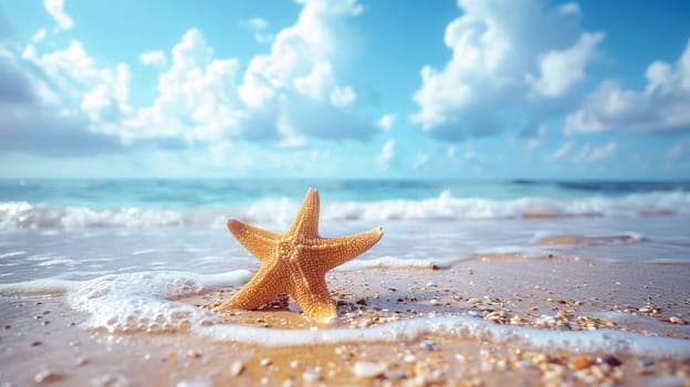 Beach holiday concept. Background with starfish on sandy tropical beach, space for text.