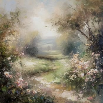 Oil style fine art painting of the English countryside, depicting romantic floral meadow, flowers field in soft pastel colours, evoking a sense of tranquility and natural beauty, printable art design