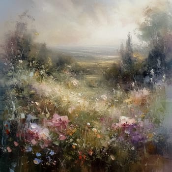 Oil style fine art painting of the English countryside, depicting romantic floral meadow, flowers field in soft pastel colours, evoking a sense of tranquility and natural beauty, printable art design