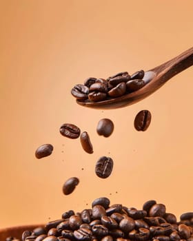 Coffee beans falling from a wooden spoon on an orange background perfectly roasted beans for your morning brew