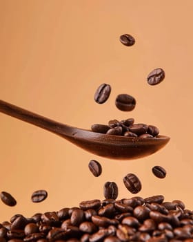 Coffee beans falling from wooden spoon on beige background a delicious journey through aroma and flavor