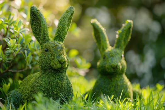Moss rabbits resting in grassy area next to bushes in peaceful nature setting