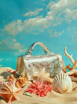 Seashells and sand beach bag essentials for a day of travel and relaxation