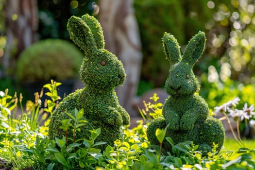 Topiary rabbits sitting in the middle of a garden on a sunny day as a symbol of beauty and tranquility