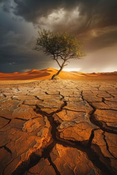 Lonely tree in the desert under stormy sky concept for travel and adventure advertising campaigns