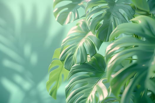 A close up of a tropical palm tree with lush green leaves on a vibrant green background, showcasing the beauty of a terrestrial plant in the Arecales family