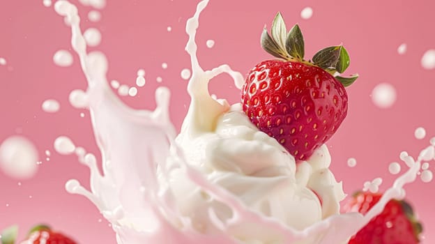 Strawberries falling into cream, milk or yoghurt on pink background, strawberry dessert