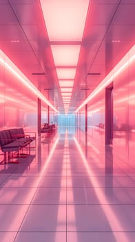 A long hallway in a building with magenta lights on the walls and ceiling, creating a pattern of symmetry. The flooring is a parallel rectangle in electric blue tints and shades