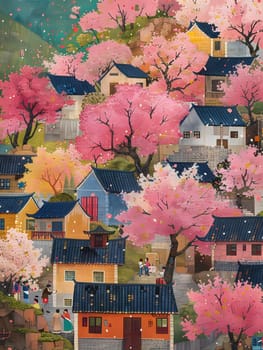 An exquisite painting of a charming village, where pink flowers adorn the trees, enhancing the beauty of the surrounding buildings and nature