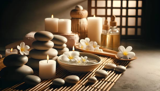 calm still life on a spa theme, a bamboo mat, several smooth stones, burning scented candles, massage oil and white flowers.