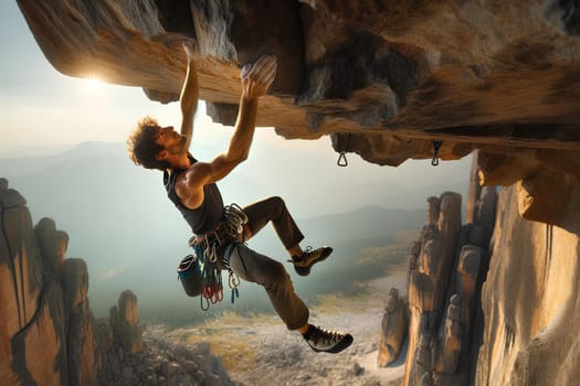 climber hanging from a cliff by one hand.