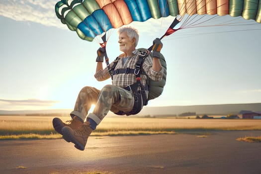 an elderly man with a parachute during the moment of landing.