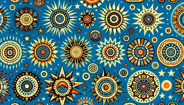 Horizontal pattern depicting various suns on a blue background.