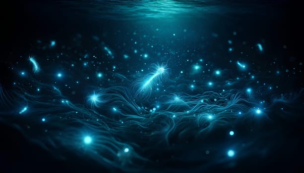 Horizontal dark blue background of glowing plankton at depth, bioluminescent plankton illuminating the deep ocean.