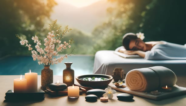 serene spa treatment scene, girl lying on massage table with eyes closed.