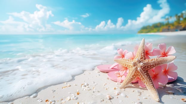 Beach holiday concept. Background with starfish, pink flip-flops on sandy tropical beach, space for text.