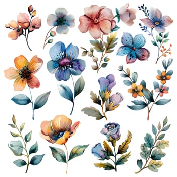 Beautiful watercolor flowers and leaves set on a white background, perfect for botanical art lovers. Use for textile patterns, dishware designs, or creative arts projects