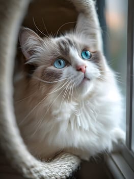 A British longhair, small to mediumsized Felidae with fluffy fawn fur and blue eyes is gazing out of a window. Its whiskers and snout are visible in the closeup view