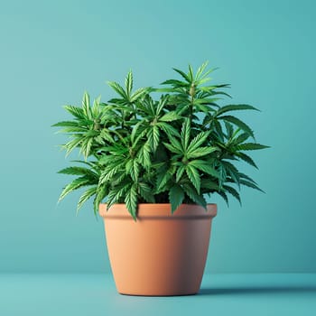 A houseplant with green leaves in a flowerpot against a blue background. This terrestrial plant adds a touch of nature to your indoor landscape